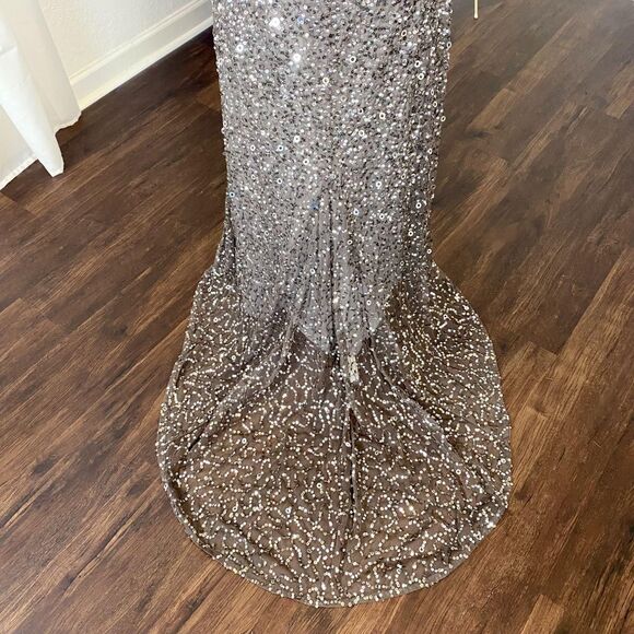 Adrianna Papell V-Neck Sequin Crunchy A-Line Gown in Lead - Picture 6 of 8